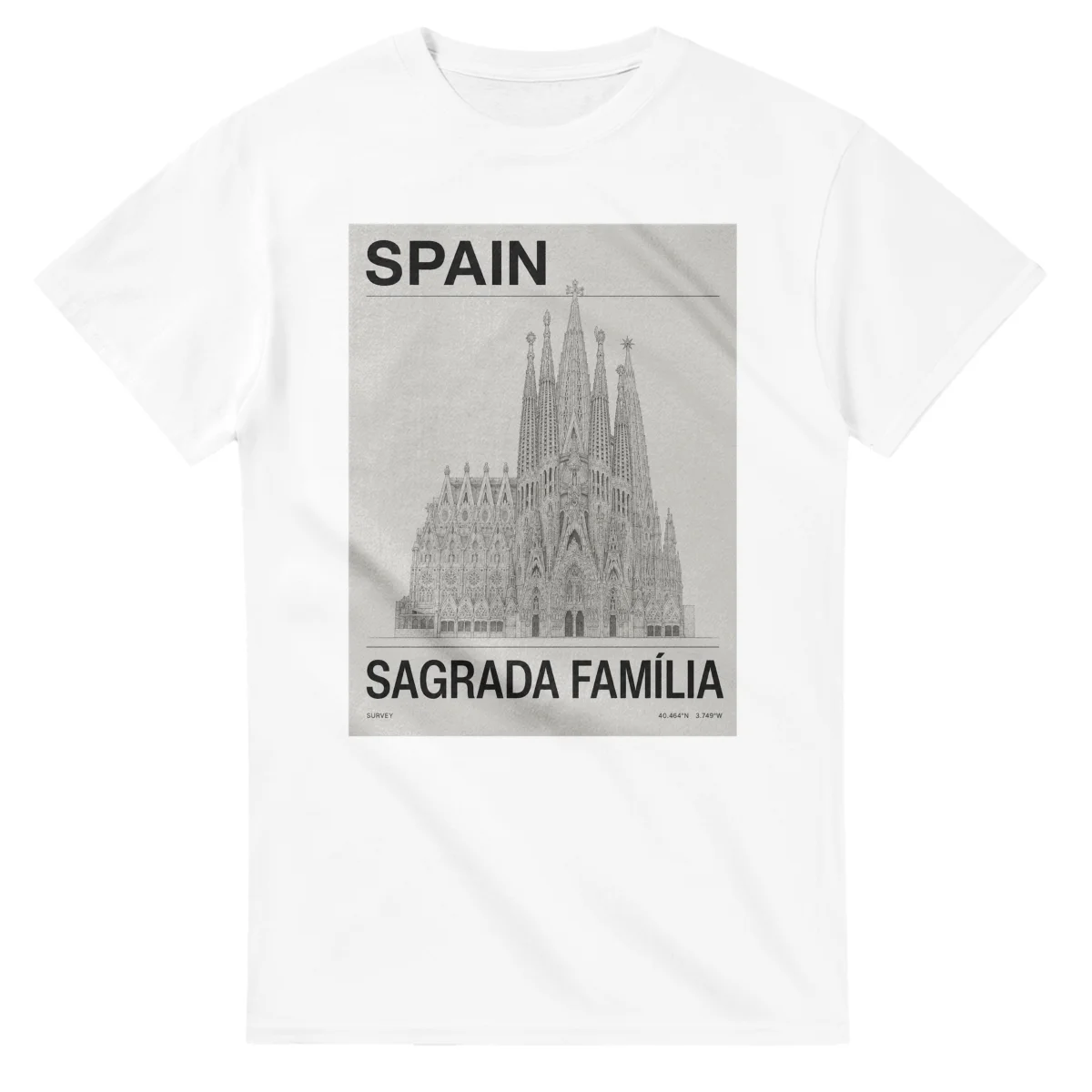 Fine-line engraving-style drawing for Spain, with a landmark caption and small coordinate text.