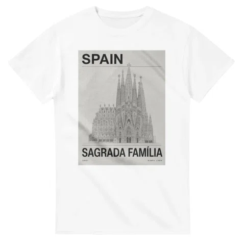 Fine-line engraving-style drawing for Spain, with a landmark caption and small coordinate text.