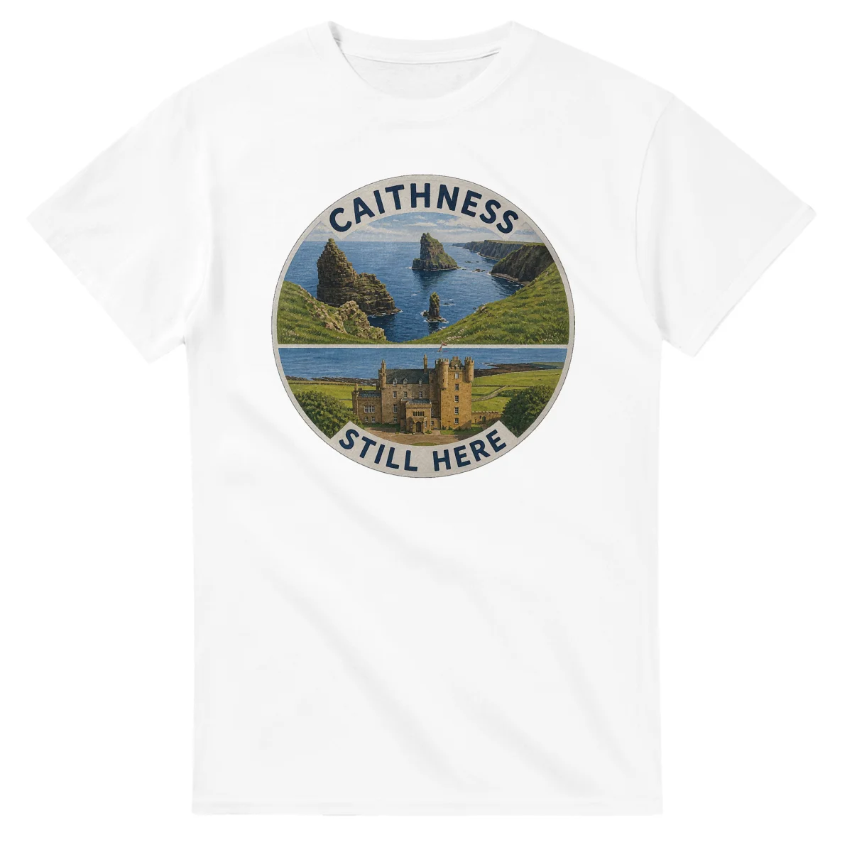 Painted, panelled scenic illustration for Caithness, with paired local scenes and the place name in lettering.