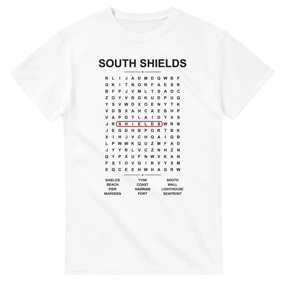 Word-search sheet for South Shields, with a large place-name heading, a letter grid, a local answer list, and a red highlighted example word.
