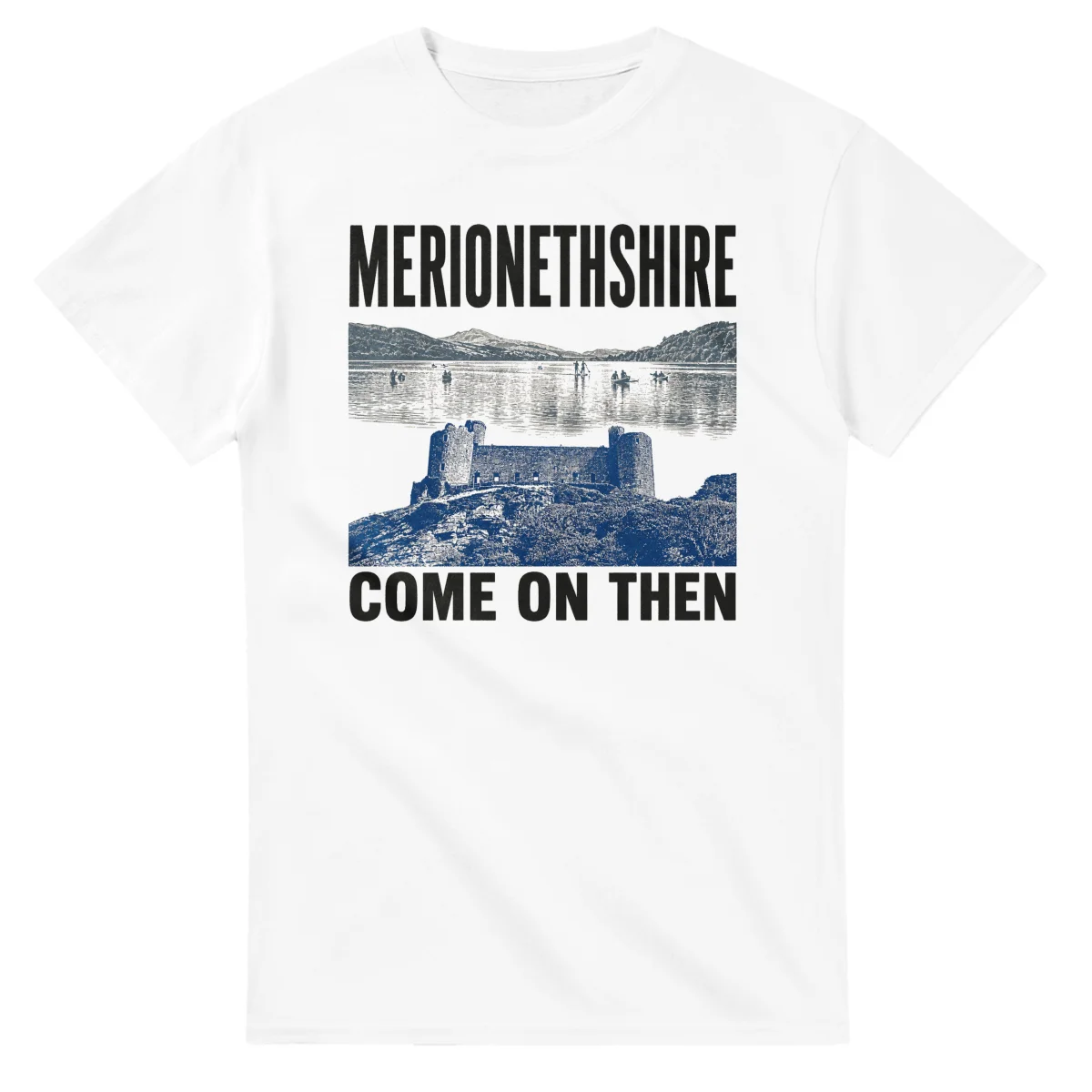 Two-colour scenic illustration for Merionethshire, with the place name and COME ON THEN lettering.