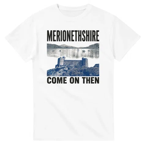 Two-colour scenic illustration for Merionethshire, with the place name and COME ON THEN lettering.