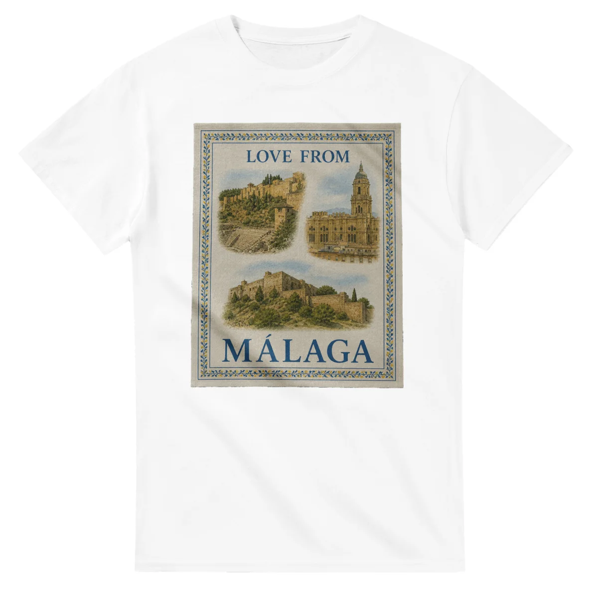 Framed scenic design for Málaga, with several local views, a decorative border and LOVE FROM lettering.