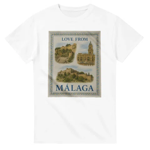 Framed scenic design for Málaga, with several local views, a decorative border and LOVE FROM lettering.