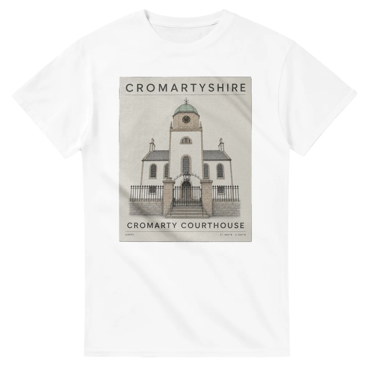 Fine-line engraving-style drawing for Cromartyshire, with a landmark caption and small coordinate text.