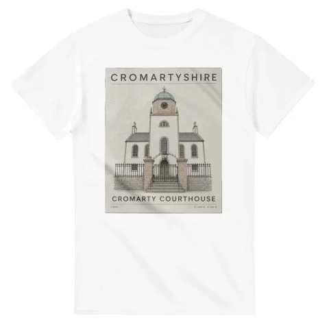 Fine-line engraving-style drawing for Cromartyshire, with a landmark caption and small coordinate text.