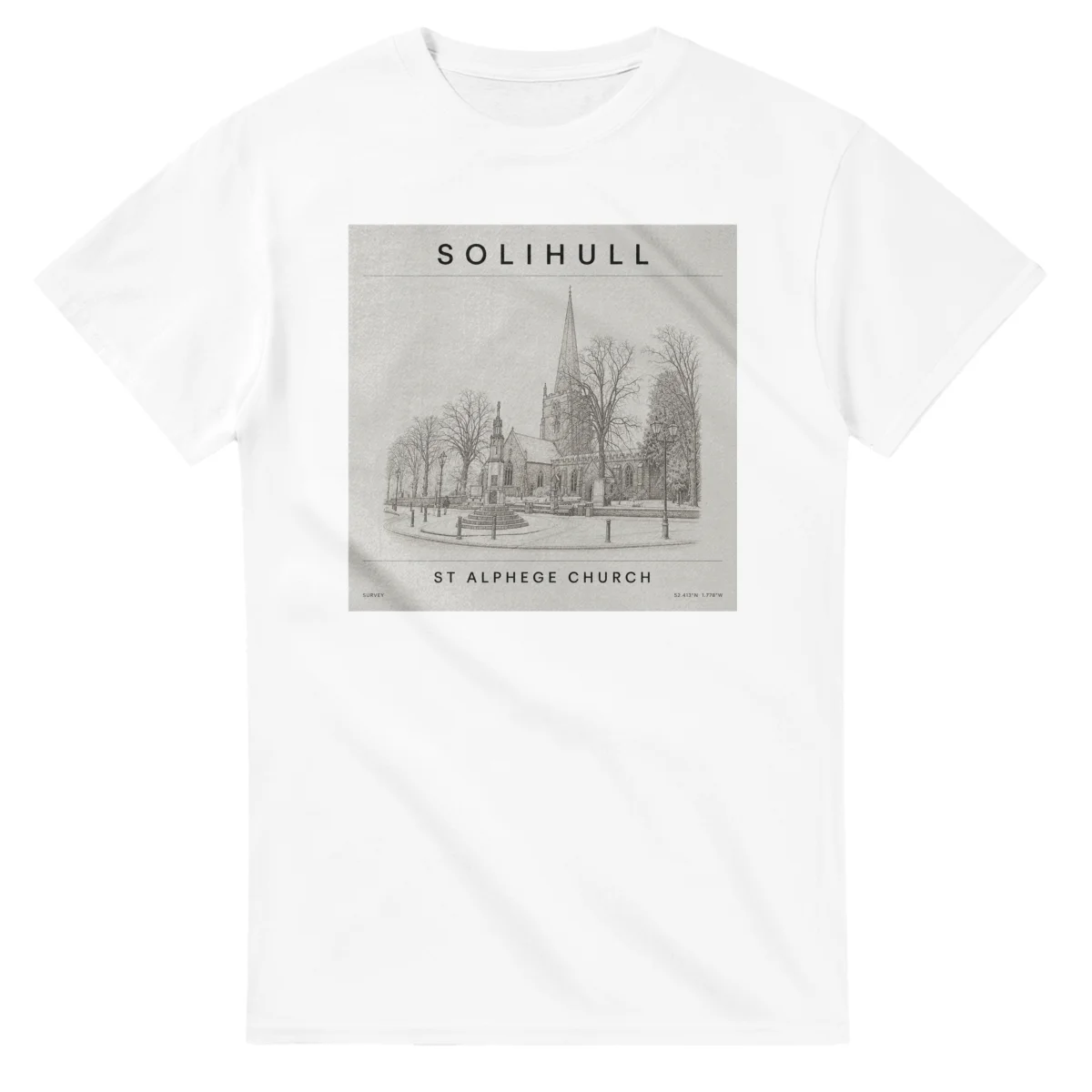 Fine-line engraving-style drawing for Solihull, with a landmark caption and small coordinate text.