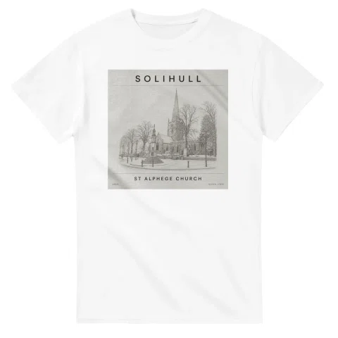 Fine-line engraving-style drawing for Solihull, with a landmark caption and small coordinate text.