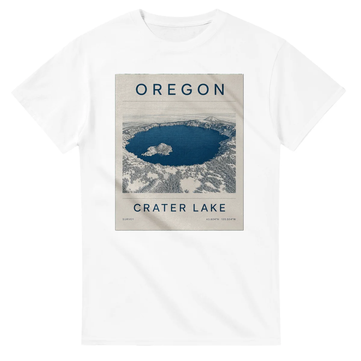 Fine-line engraving-style drawing for Oregon, with a landmark caption and small coordinate text.