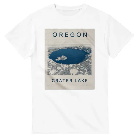 Fine-line engraving-style drawing for Oregon, with a landmark caption and small coordinate text.