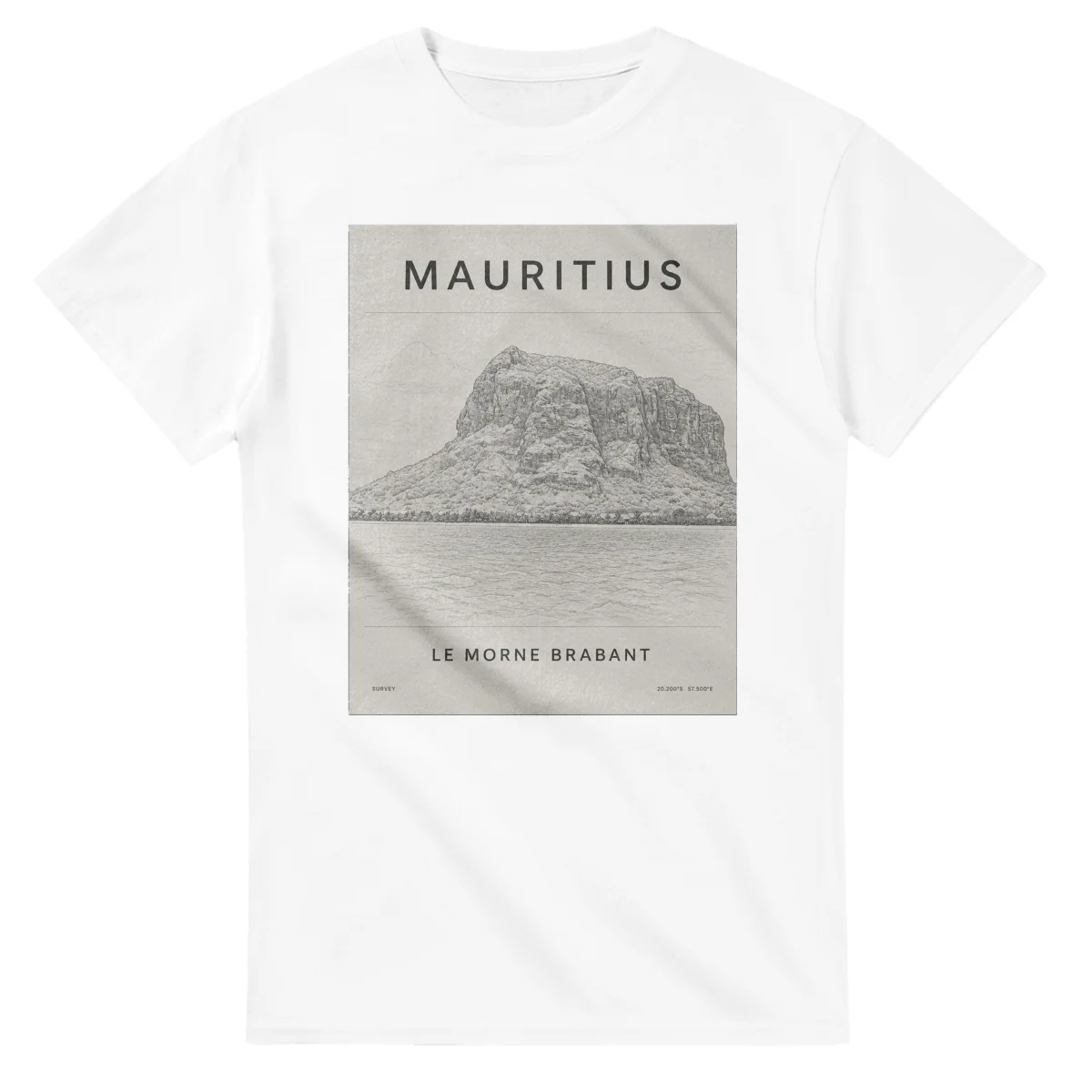 Fine-line engraving-style drawing for Mauritius, with a landmark caption and small coordinate text.