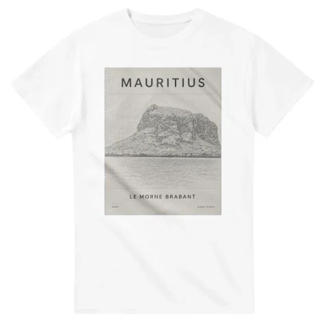 Fine-line engraving-style drawing for Mauritius, with a landmark caption and small coordinate text.