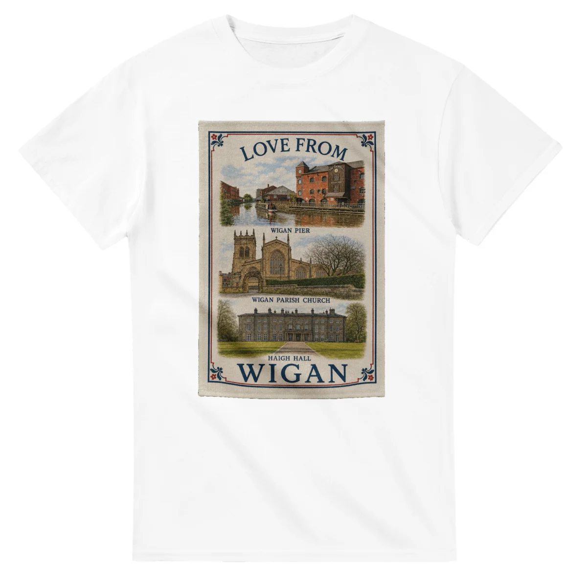 Framed scenic design for Wigan, with several local views, a decorative border and LOVE FROM lettering.