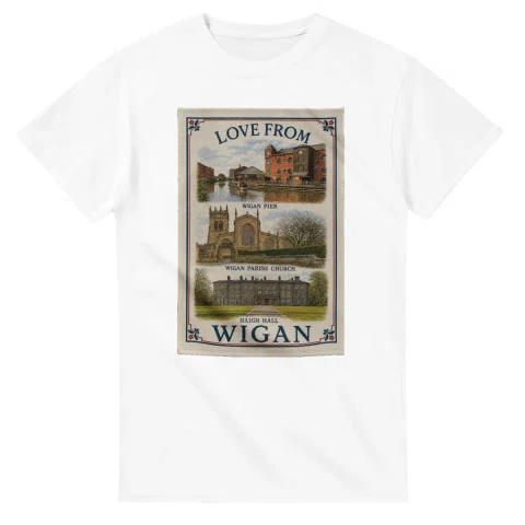 Framed scenic design for Wigan, with several local views, a decorative border and LOVE FROM lettering.