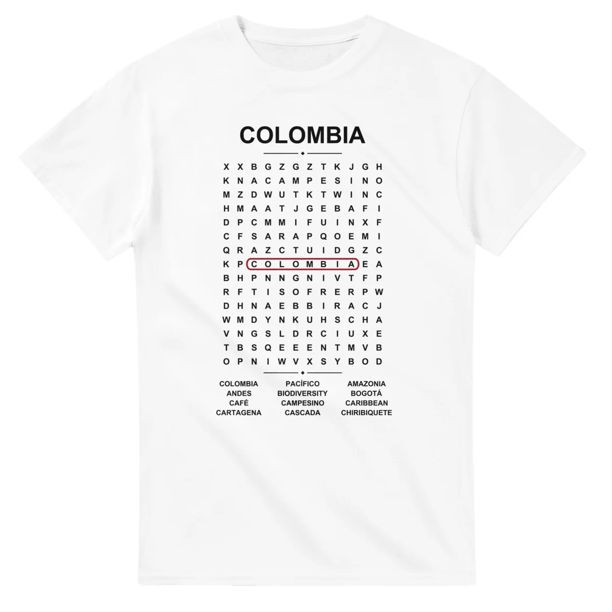 Word-search sheet for Colombia, with a large place-name heading, a letter grid, a local answer list, and a red highlighted example word.