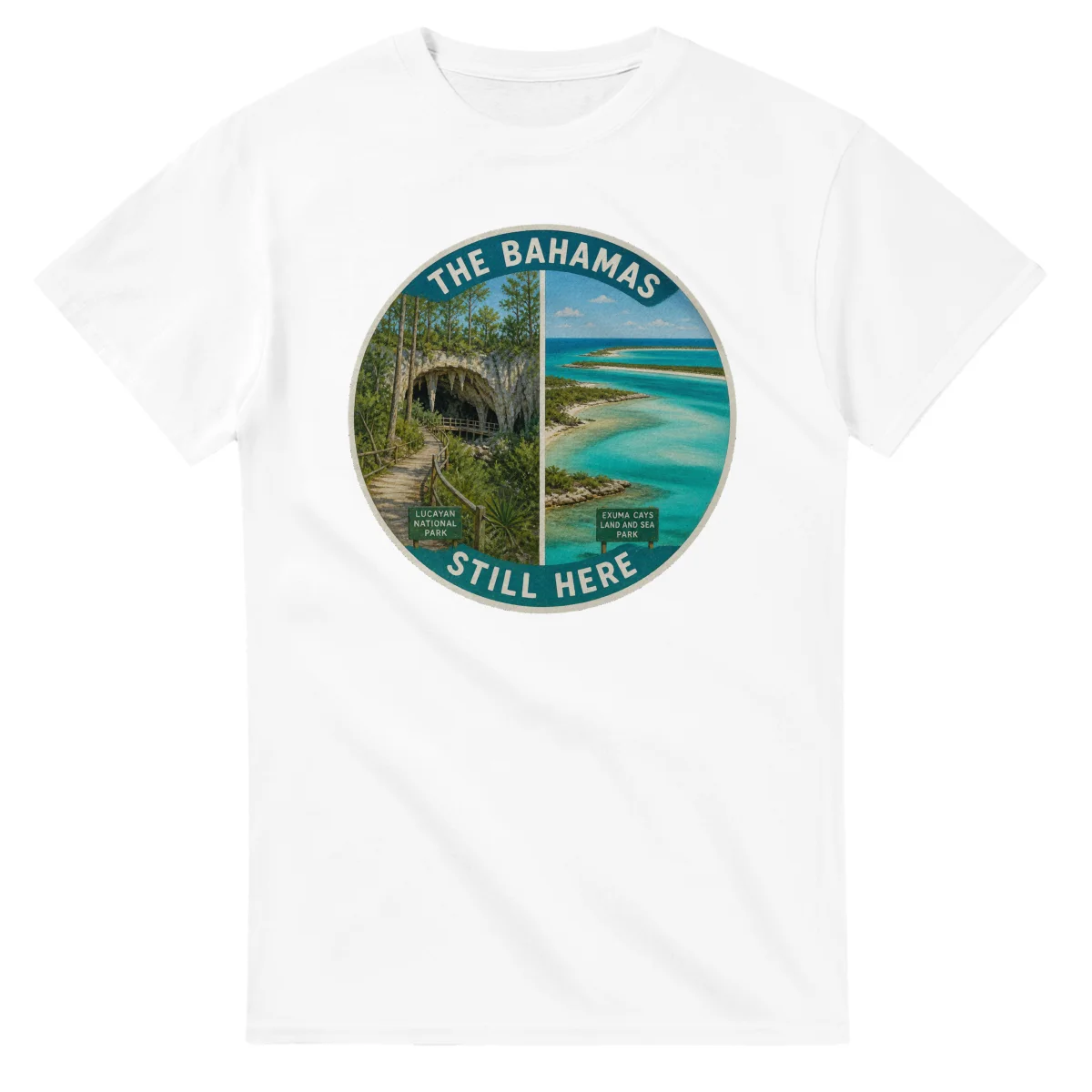 Painted, panelled scenic illustration for The Bahamas, with paired local scenes and the place name in lettering.