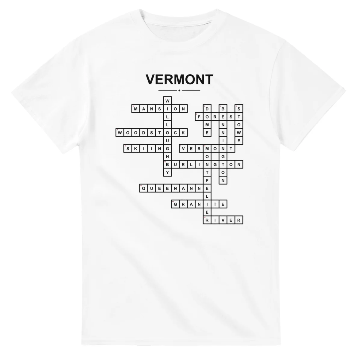 Monochrome crossword sheet for Vermont, with a large place-name heading, a letter grid, and numbered across and down clues.
