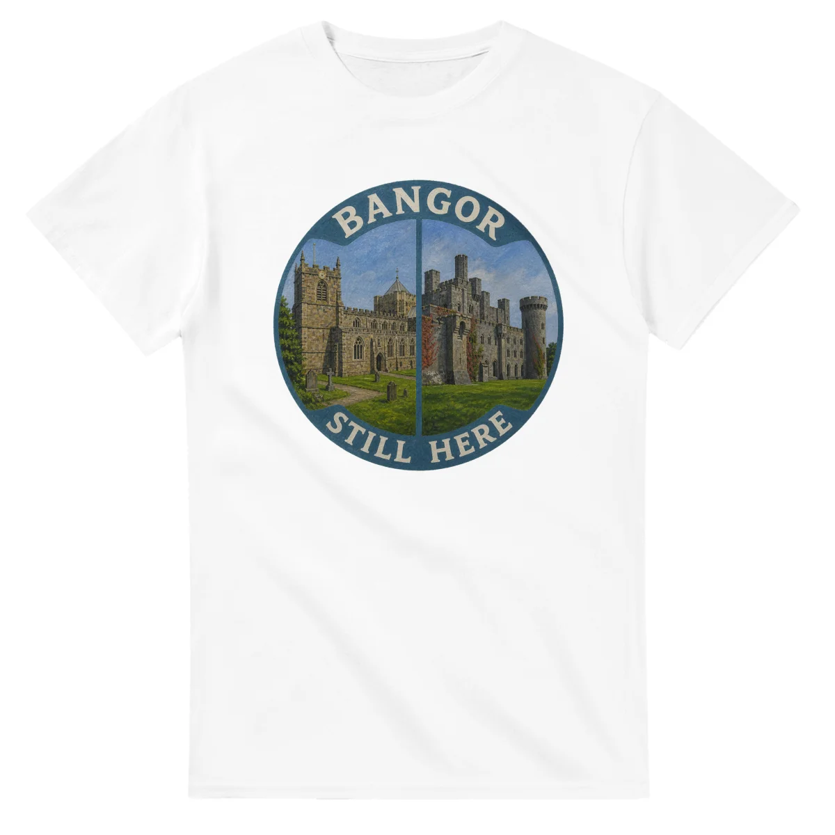 Painted, panelled scenic illustration for Bangor, with paired local scenes and the place name in lettering.
