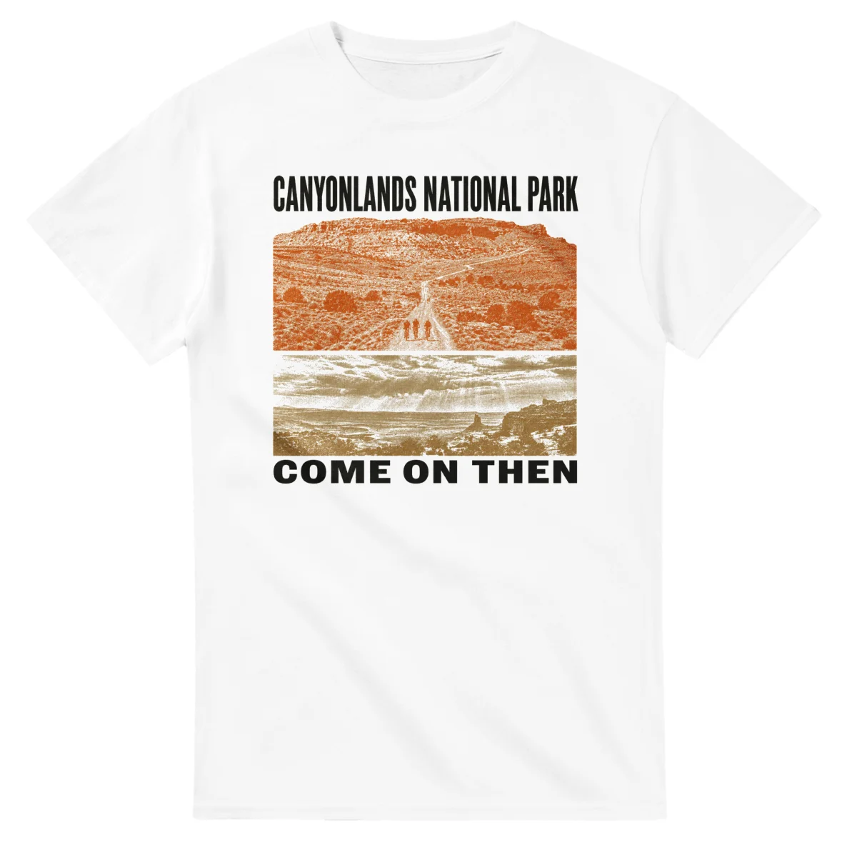 Two-colour scenic illustration for Canyonlands National Park, with the place name and COME ON THEN lettering.