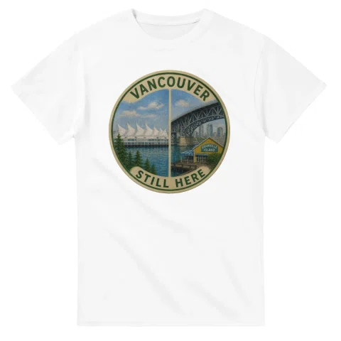 Painted, panelled scenic illustration for Vancouver, with paired local scenes and the place name in lettering.