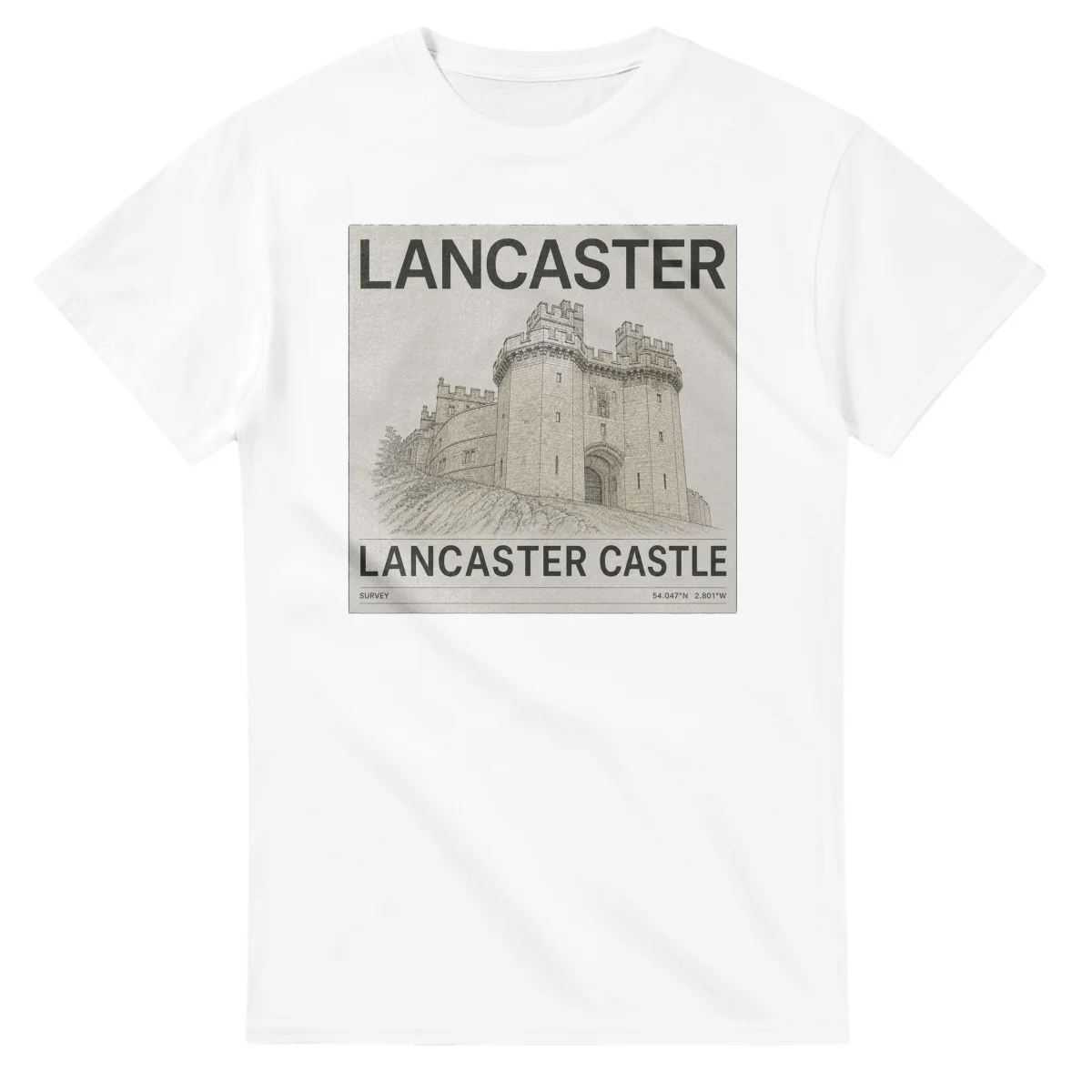 Fine-line engraving-style drawing for Lancaster, with a landmark caption and small coordinate text.