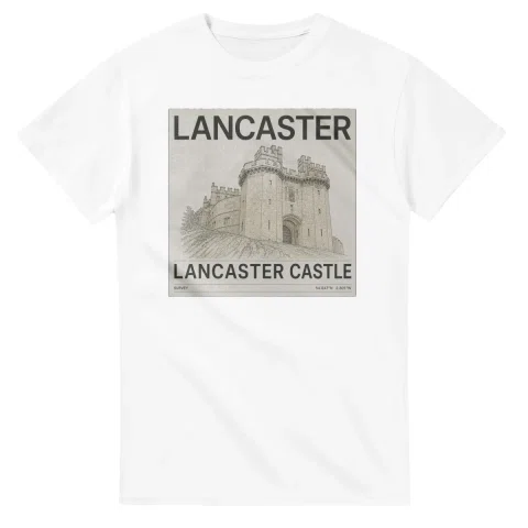 Fine-line engraving-style drawing for Lancaster, with a landmark caption and small coordinate text.