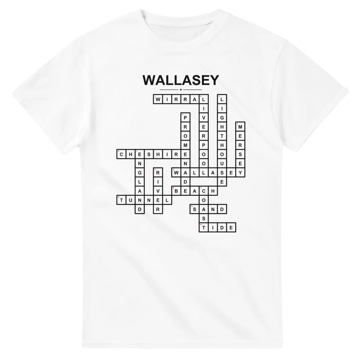 Monochrome crossword sheet for Wallasey, with a large place-name heading, a letter grid, and numbered across and down clues.