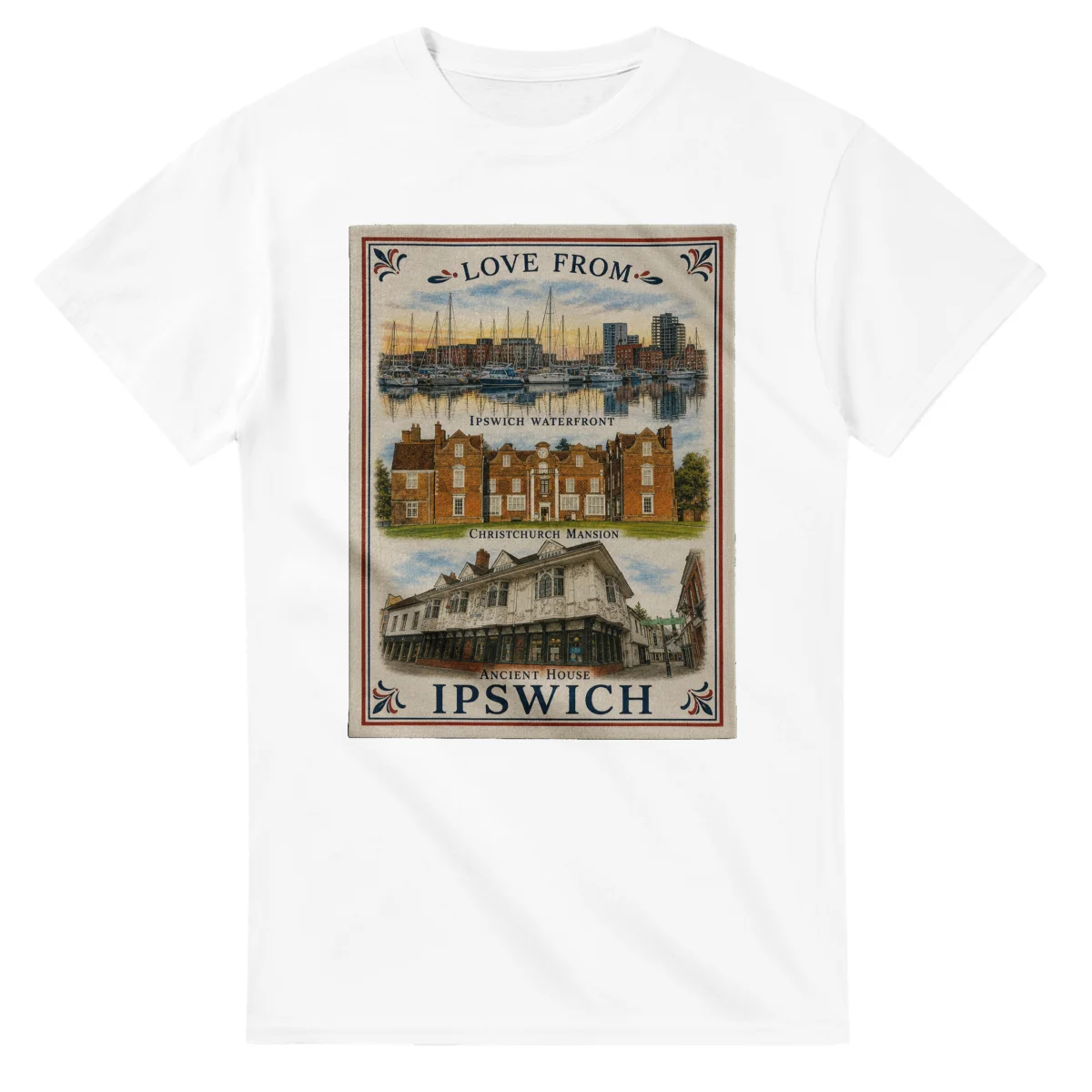 Framed scenic design for Ipswich, with several local views, a decorative border and LOVE FROM lettering.