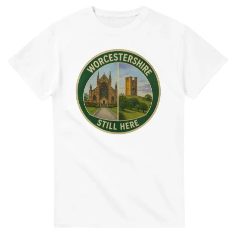 Painted, panelled scenic illustration for Worcestershire, with paired local scenes and the place name in lettering.