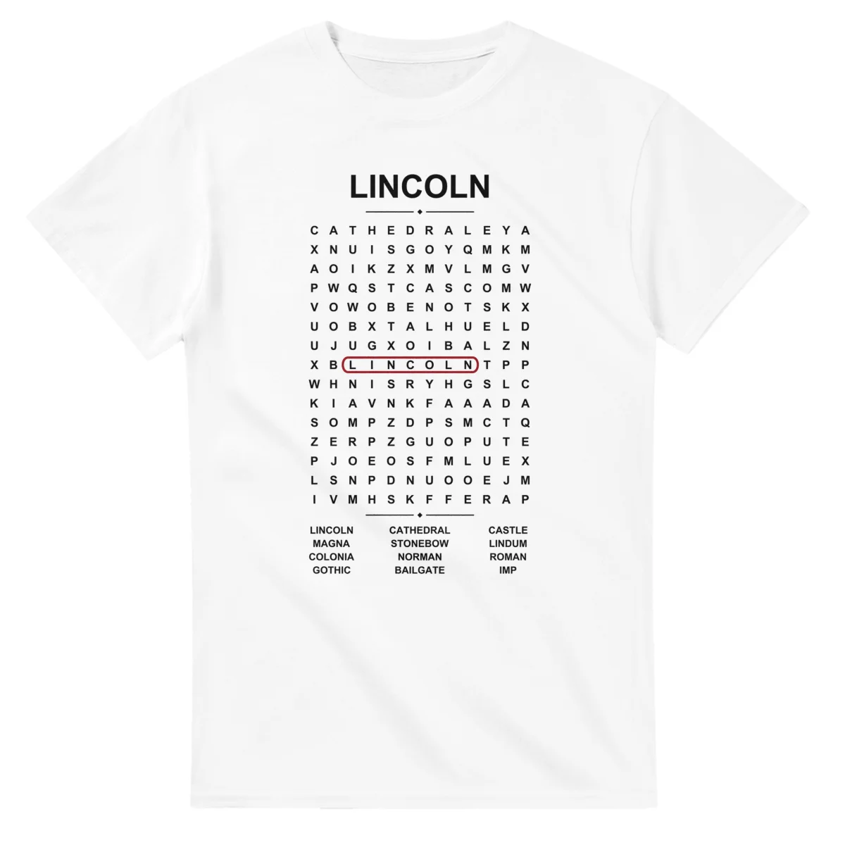 Word-search sheet for Lincoln, with a large place-name heading, a letter grid, a local answer list, and a red highlighted example word.