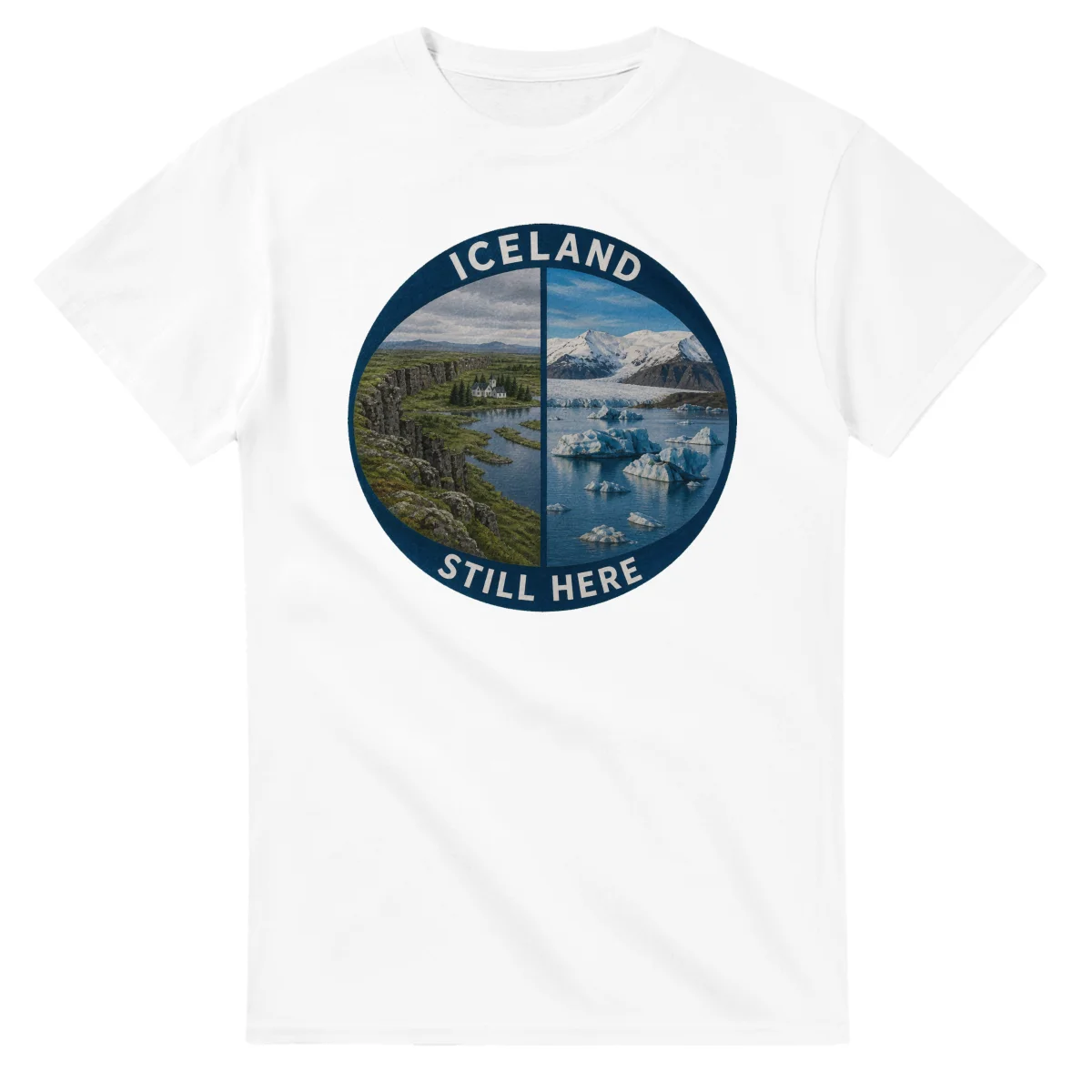 Painted, panelled scenic illustration for Iceland, with paired local scenes and the place name in lettering.
