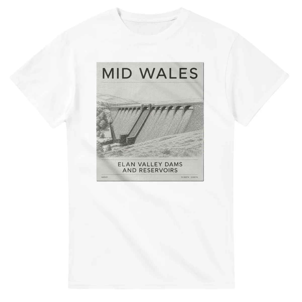 Fine-line engraving-style drawing for Mid Wales, with a landmark caption and small coordinate text.
