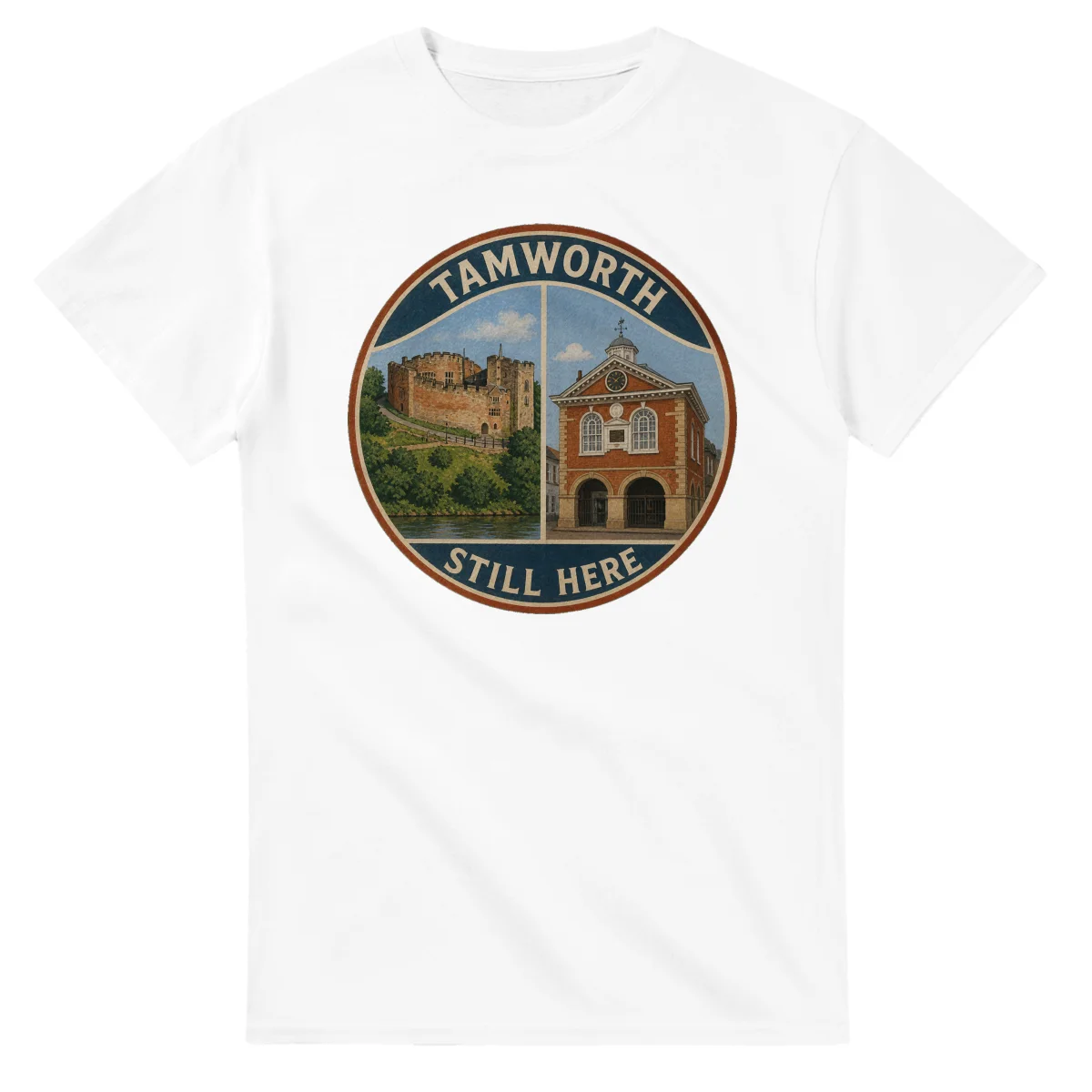 Painted, panelled scenic illustration for Tamworth, with paired local scenes and the place name in lettering.