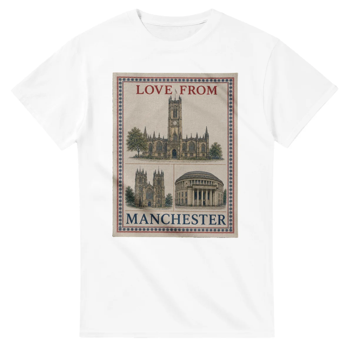 Framed scenic design for Manchester, with several local views, a decorative border and LOVE FROM lettering.