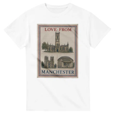 Framed scenic design for Manchester, with several local views, a decorative border and LOVE FROM lettering.