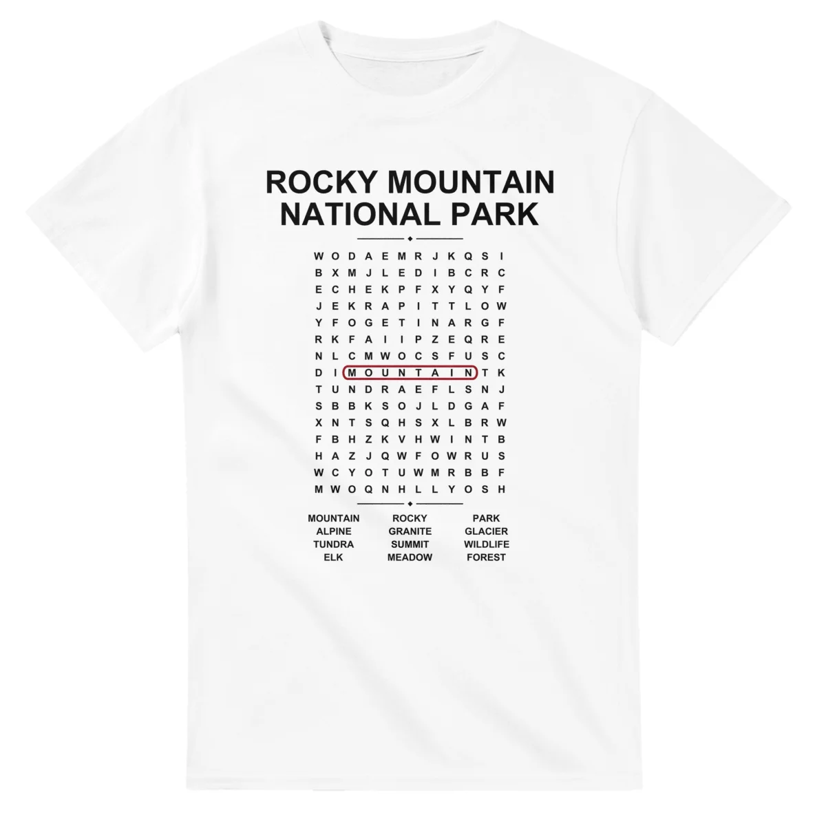 Word-search sheet for Rocky Mountain National Park, with a large place-name heading, a letter grid, a local answer list, and a red highlighted example word.