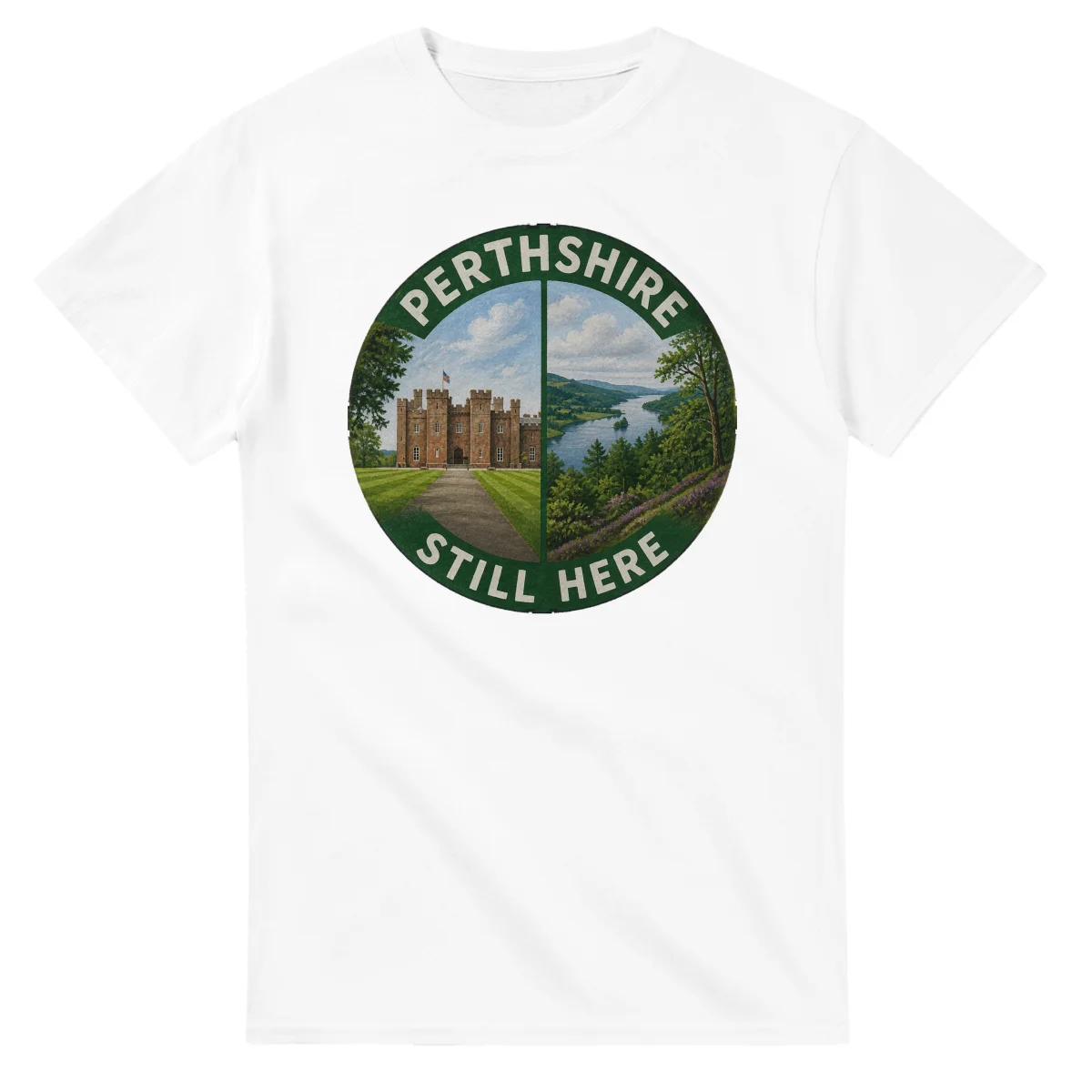 Painted, panelled scenic illustration for Perthshire, with paired local scenes and the place name in lettering.