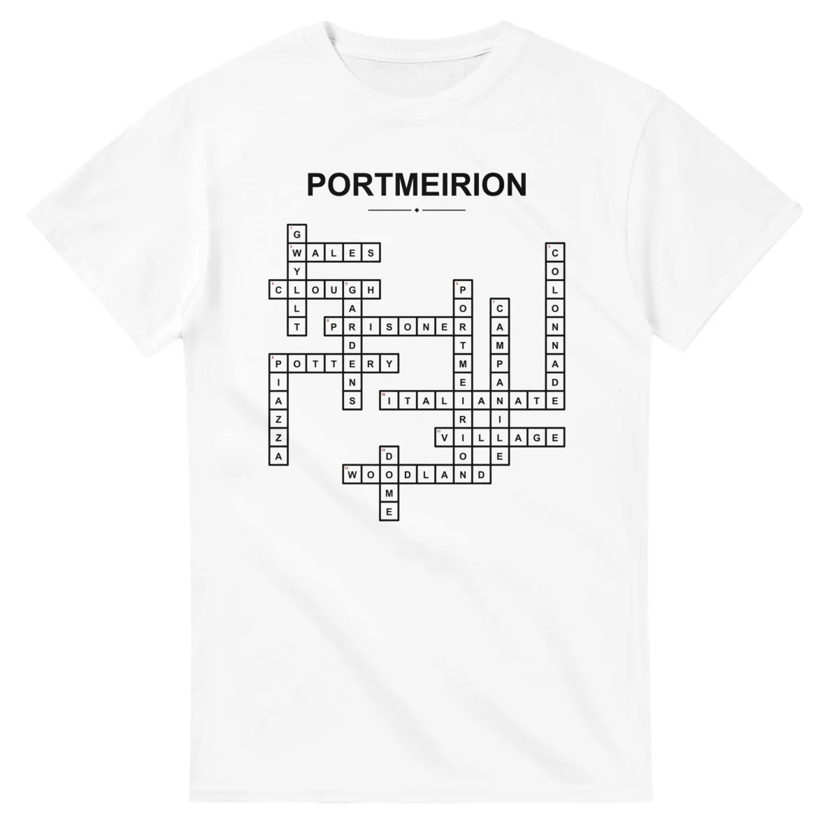 Monochrome crossword sheet for Portmeirion, with a large place-name heading, a letter grid, and numbered across and down clues.