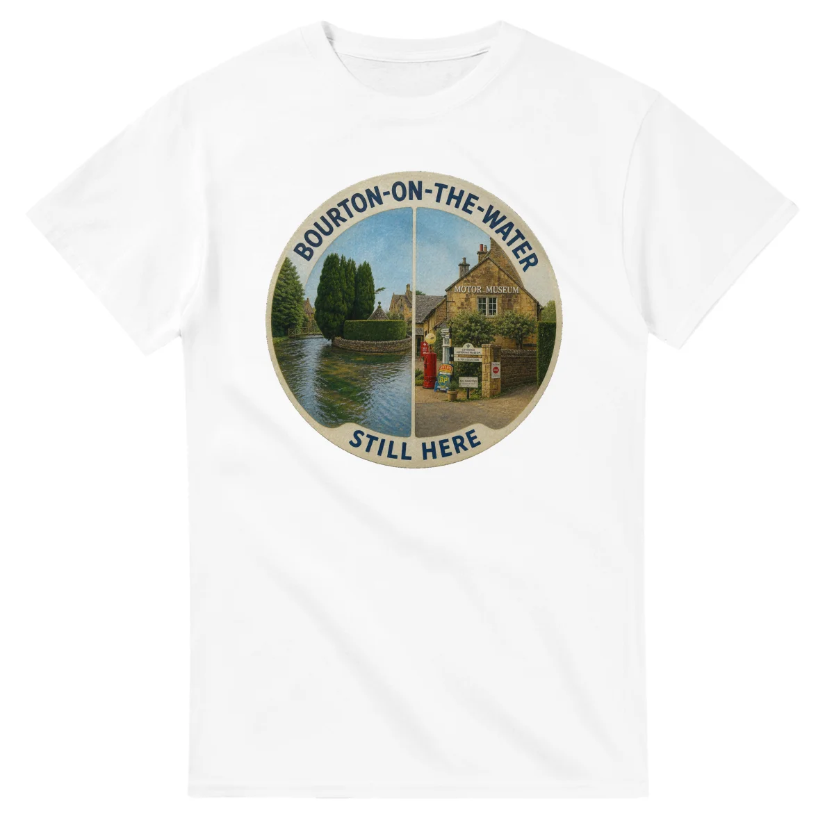 Painted, panelled scenic illustration for Bourton-on-the-Water, with paired local scenes and the place name in lettering.