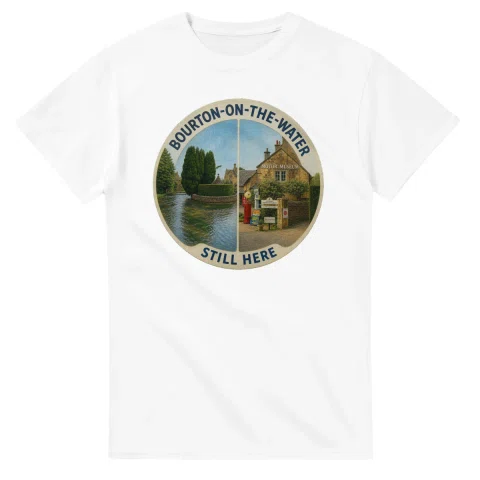 Painted, panelled scenic illustration for Bourton-on-the-Water, with paired local scenes and the place name in lettering.