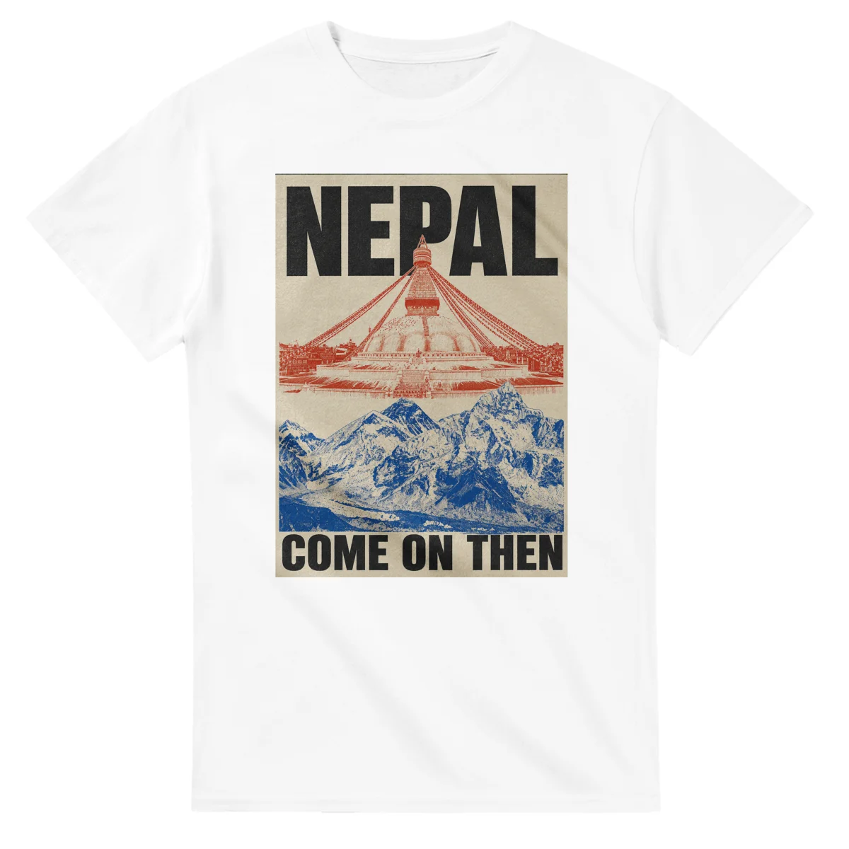Two-colour scenic illustration for Nepal, with the place name and COME ON THEN lettering.