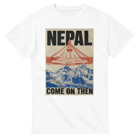 Two-colour scenic illustration for Nepal, with the place name and COME ON THEN lettering.