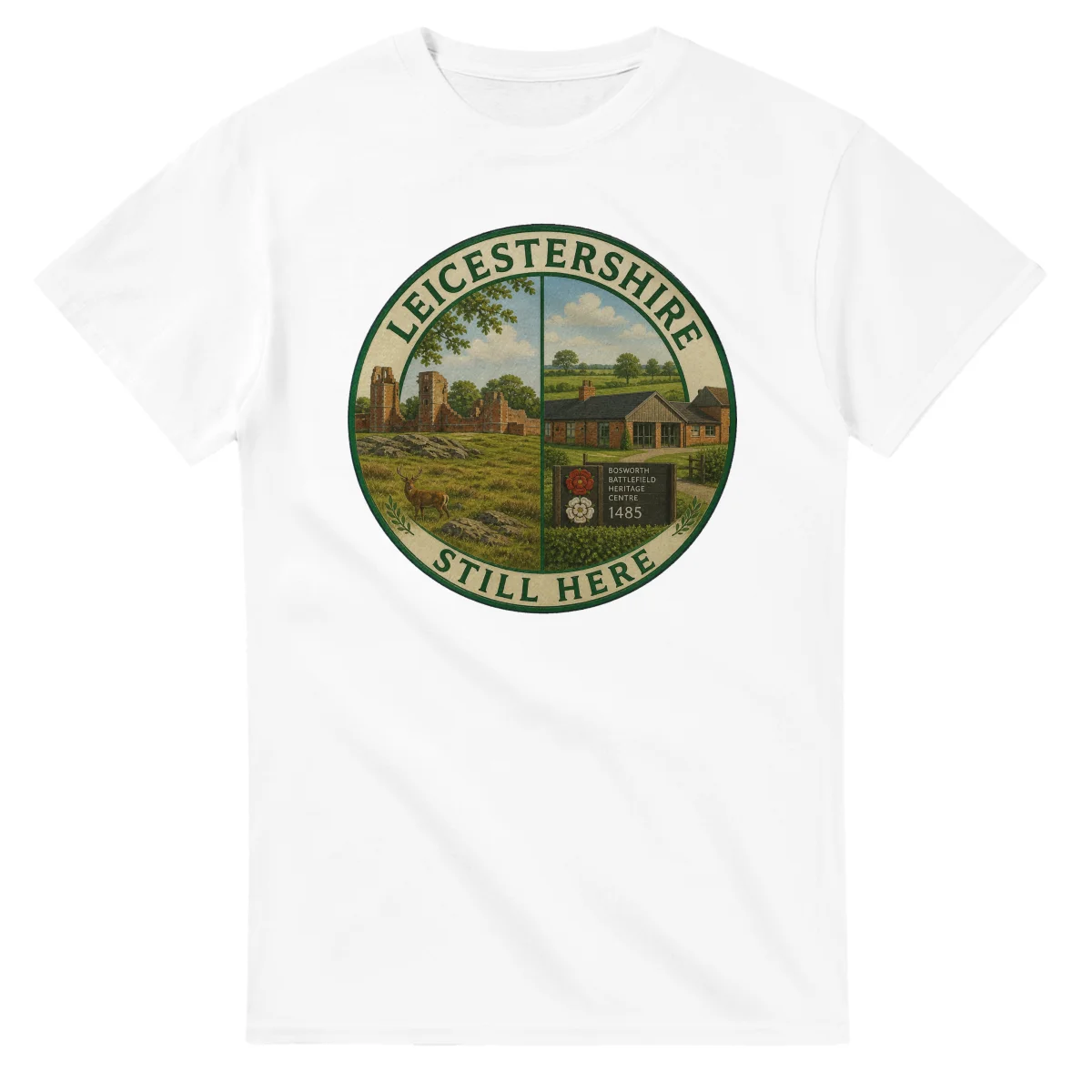 Painted, panelled scenic illustration for Leicestershire, with paired local scenes and the place name in lettering.