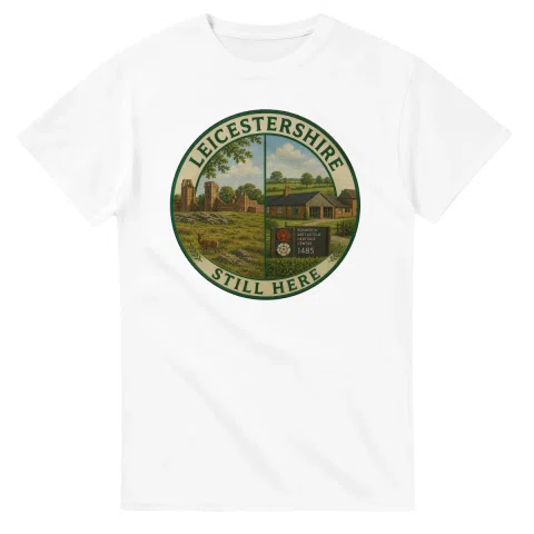Painted, panelled scenic illustration for Leicestershire, with paired local scenes and the place name in lettering.