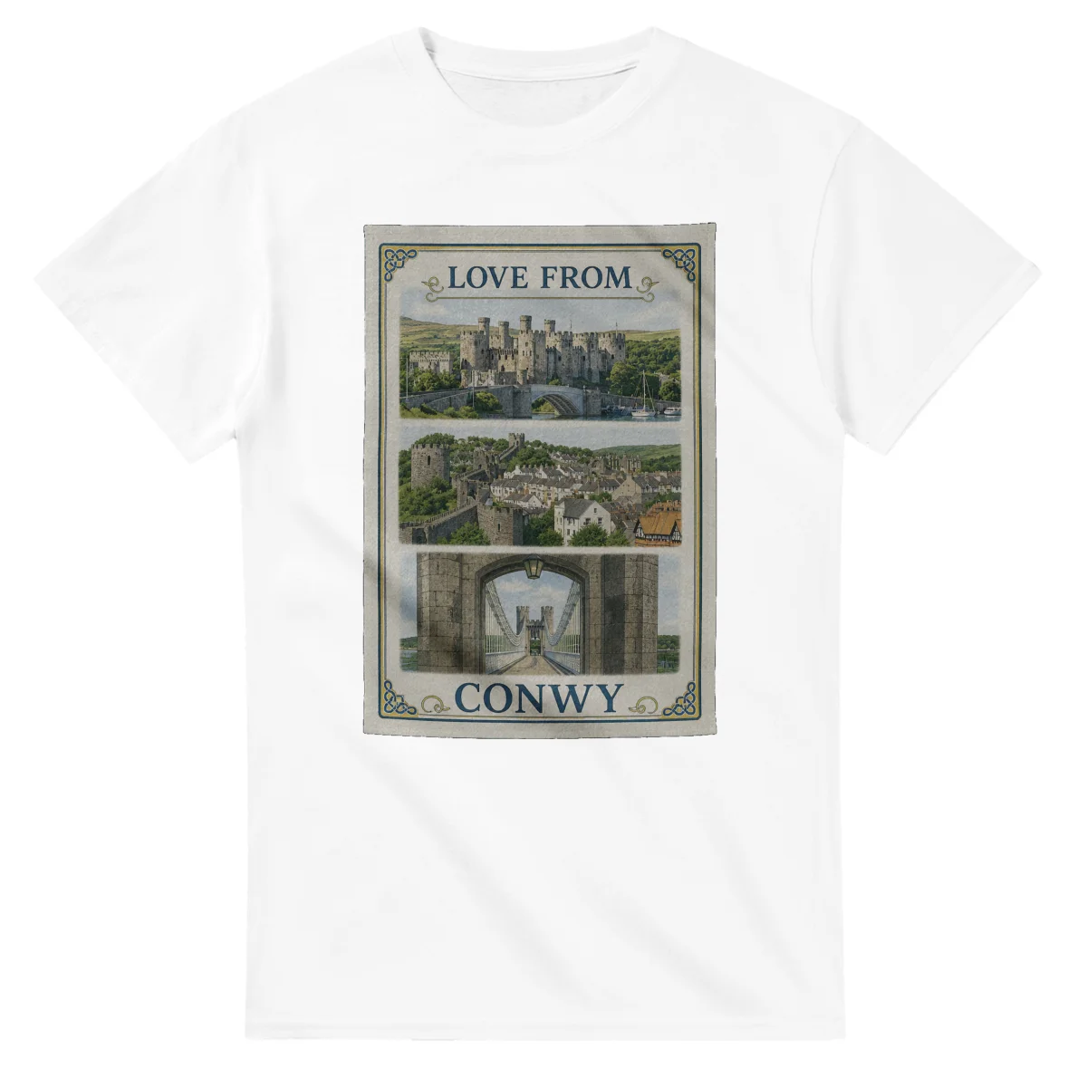 Framed scenic design for Conwy, with several local views, a decorative border and LOVE FROM lettering.