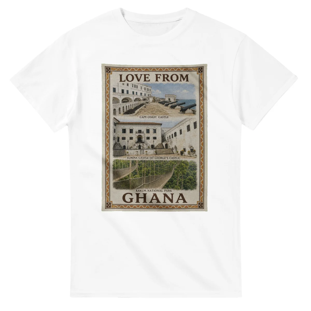 Framed scenic design for Ghana, with several local views, a decorative border and LOVE FROM lettering.