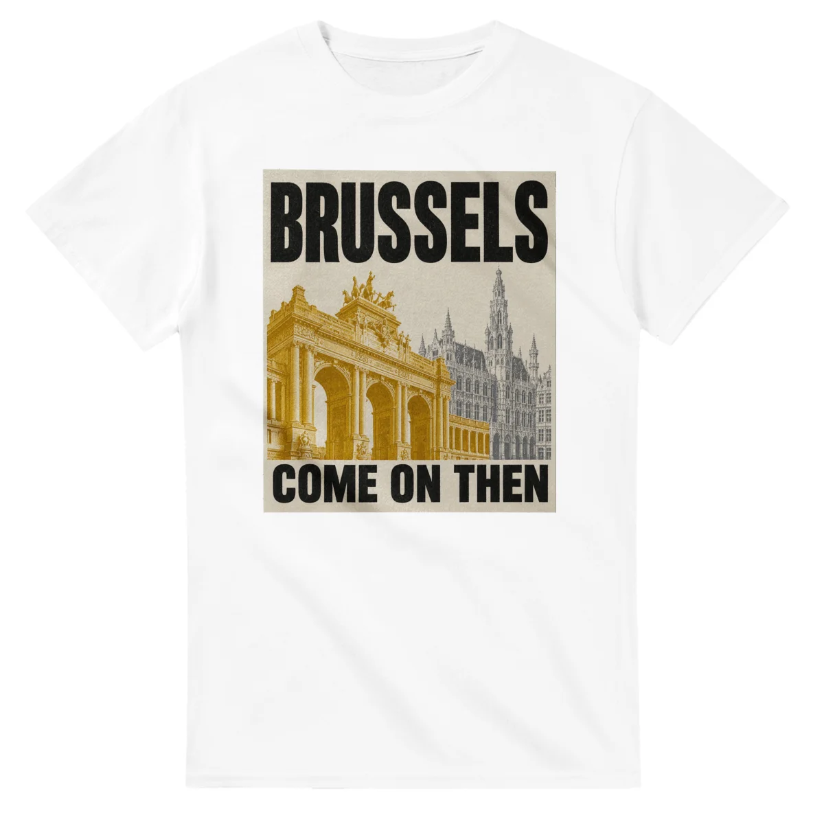 Two-colour scenic illustration for Brussels, with the place name and COME ON THEN lettering.