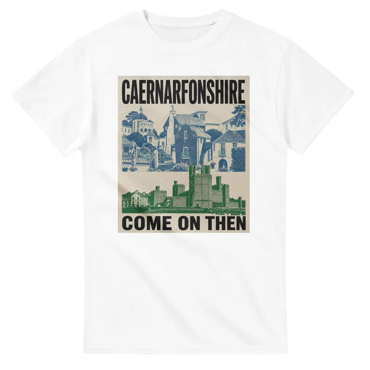 Two-colour scenic illustration for Caernarfonshire, with the place name and COME ON THEN lettering.