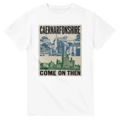 Two-colour scenic illustration for Caernarfonshire, with the place name and COME ON THEN lettering.