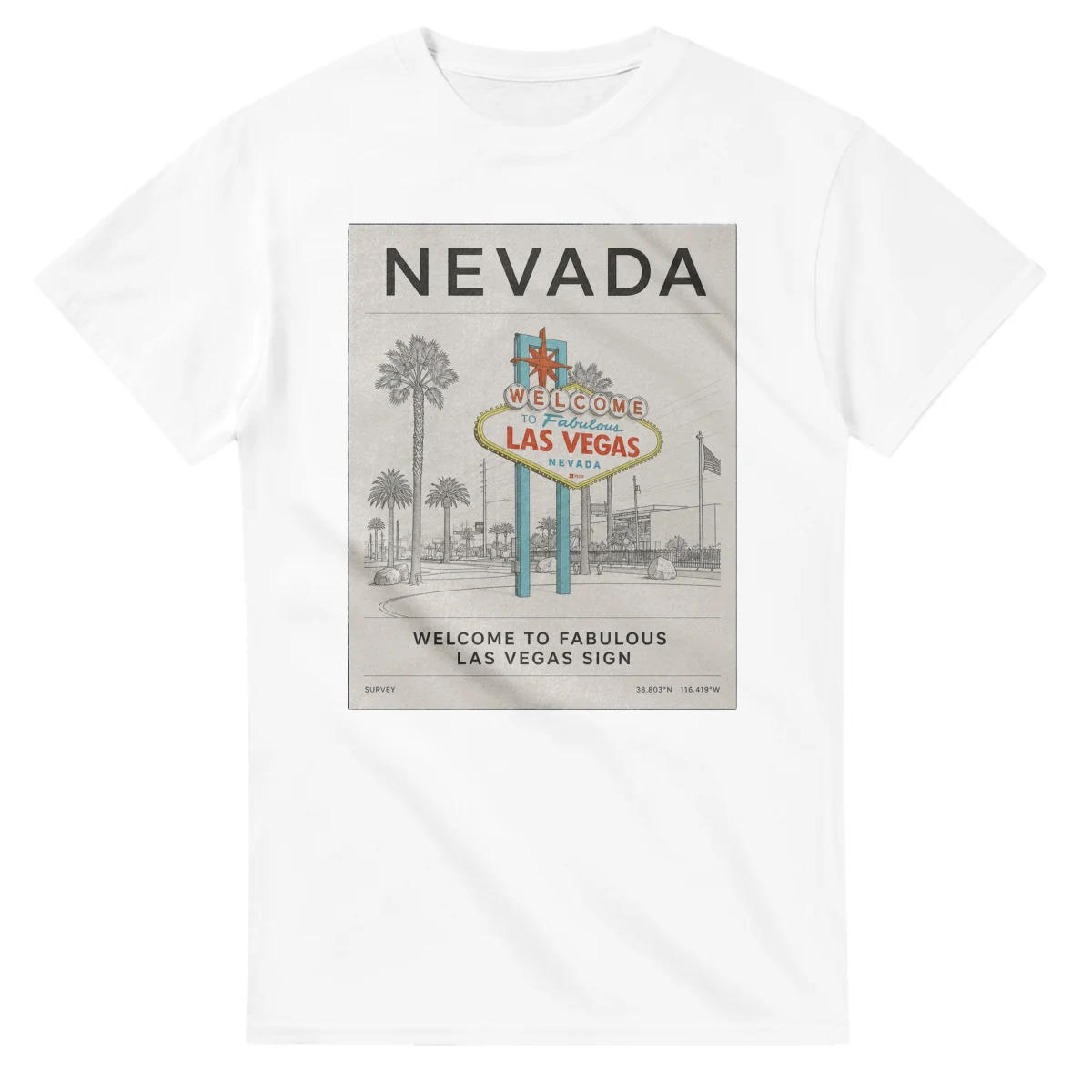 Fine-line engraving-style drawing for Nevada, with a landmark caption and small coordinate text.